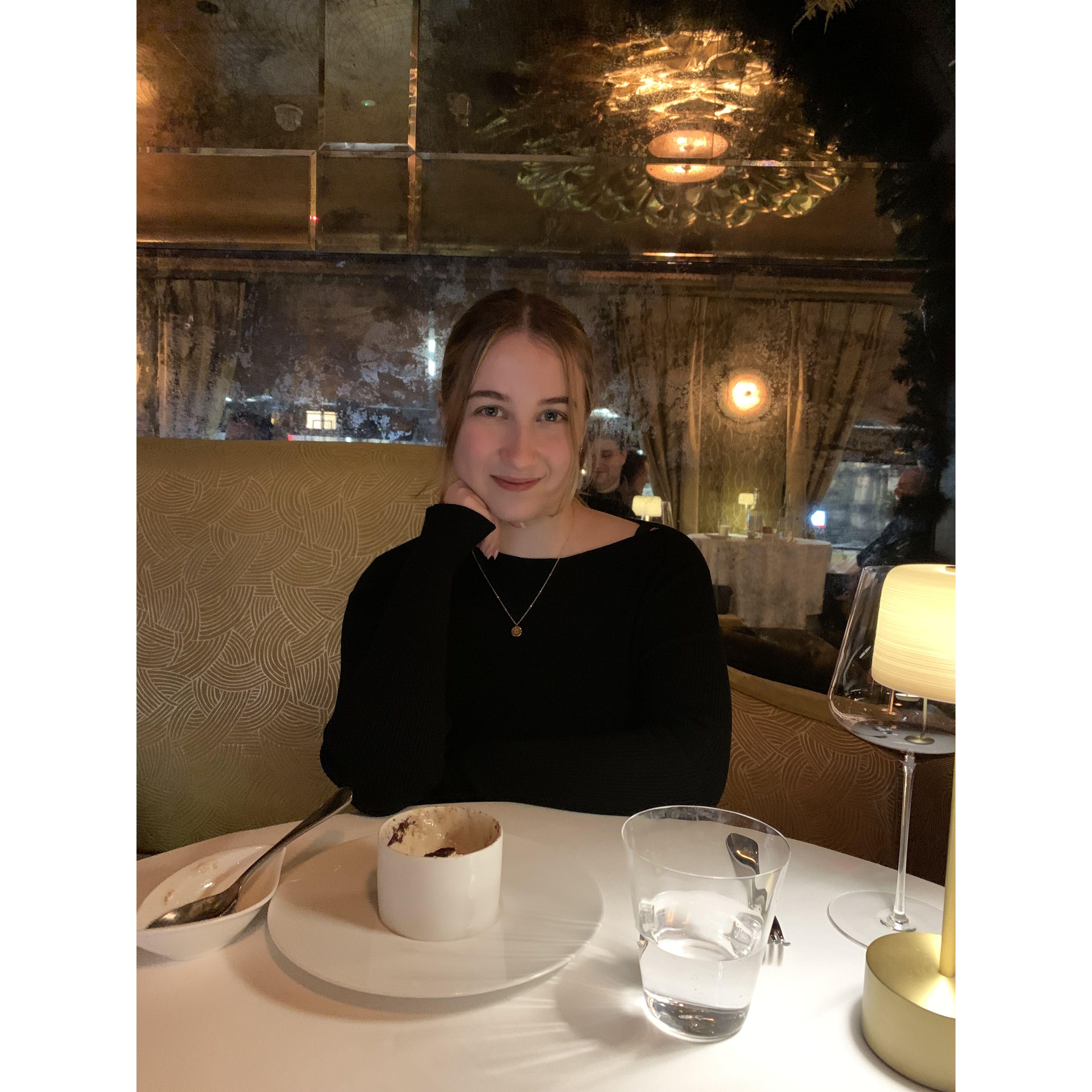 At Gordon Ramsey's restaurant - right before we got engaged - about 4 glasses of red wine deep