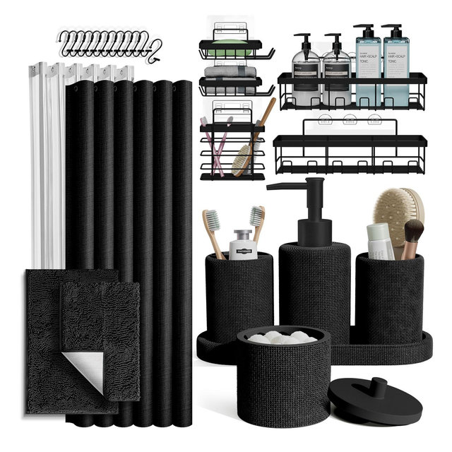 Hearth & Harbor Black Bathroom Set, 26PC Bathroom Accessories Set with Shower Curtain, Bath Rugs and Adhesive Shower Caddy Set