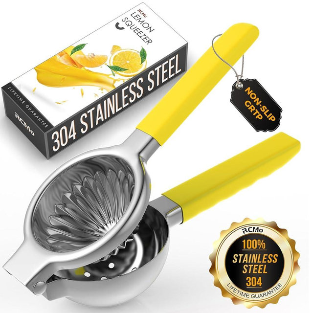 RCMo Lemon Squeezer Stainless Steel - Premium Quality, Heavy Duty Solid Metal Squeezer Bowl - Large Manual Citrus Press Juicer and Lime Squeezer (Yellow)