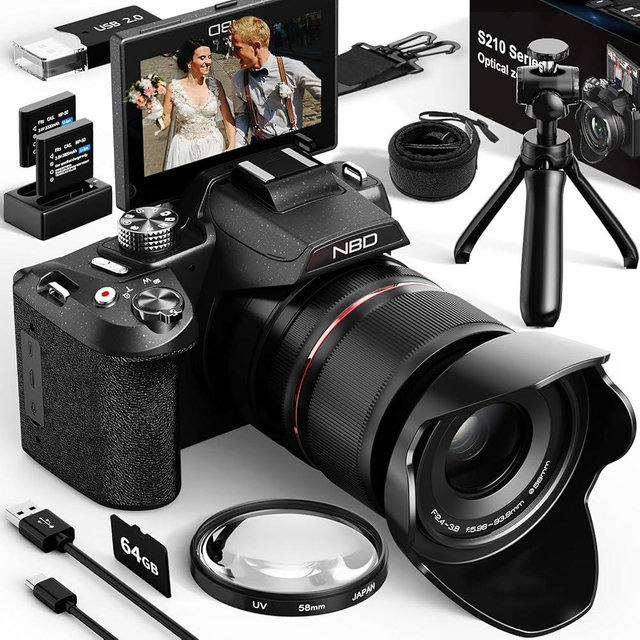 NBD 5K&64MP Digital Cameras for Photography,16X Optical Zoom Camera with 64GB Card, Vlogging Camera for YouTube with 180°Flipable 3-inch Screen, WiFi & App Control,AutoFocus,2 Batteries (Black)