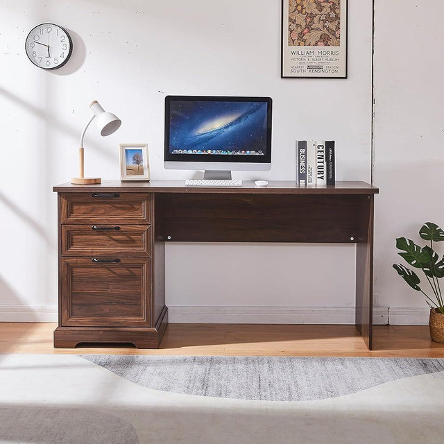 Zethvax 60" Farmhouse Executive Desk with Charging Station,Home Office Desk with 2 Drawers &1 File Cabinet,Fluted Computer Desk for Office and Home (Walnut)