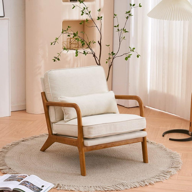 VINGLI Fine Linen Beige Comfy Accent Chair, Mid Century Modern Lounge Armchair for Living room, Upholstered Reading Chair for Bedroom, Cushined Corner Side Wooden Arm Chair for Room