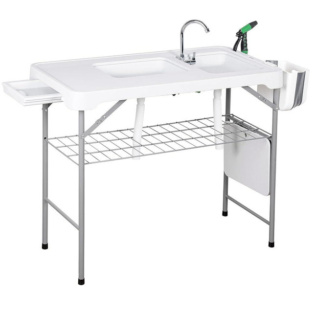 Allpop Fish Cleaning Table with 2 Sinks & Grid Rack, 42.5'' Portable Folding Camping Fish Station with Foldable Faucet, Drainage Hose, Sprayer, Storage Box, Drawer & Grooves for Picnic, White