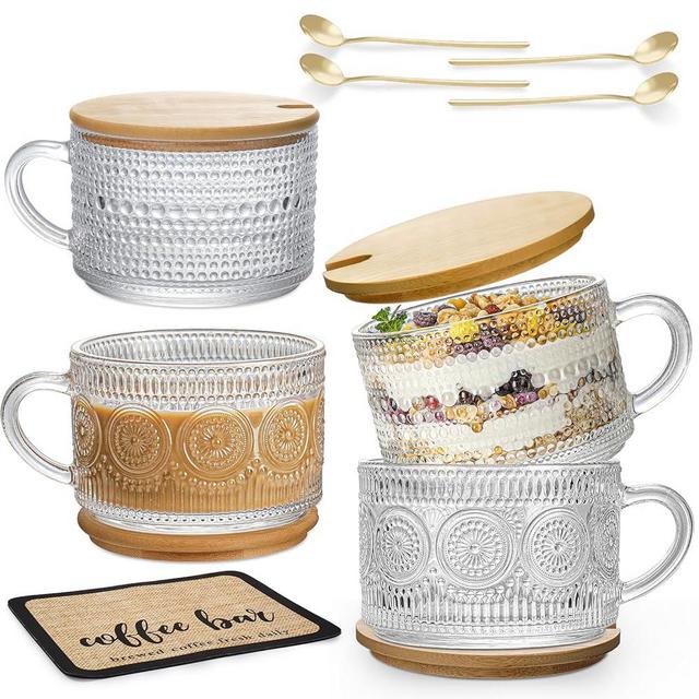 Vintage Coffee Mugs 4pcs,(with Coffee Mat) Overnight Oats Containers with Lids and Spoon 14oz-DWTS Glass Cups with Lids,Cute Coffee Bar Accessories and Kitchen Gifts