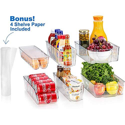 fridge bins and organizers Set of 10 - Stackable refrigerator bins set includes 6 bins for food containers and 4 precut shelf liners for fridge shelf's
