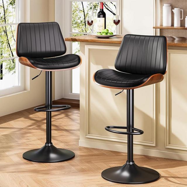 YaFiti Bar Stools Set of 2, Bar Stools for Kitchen Island with Bentwood Back and Leather Seat, Swivel Bar Stools for Kitchen Counter, Bar, Black