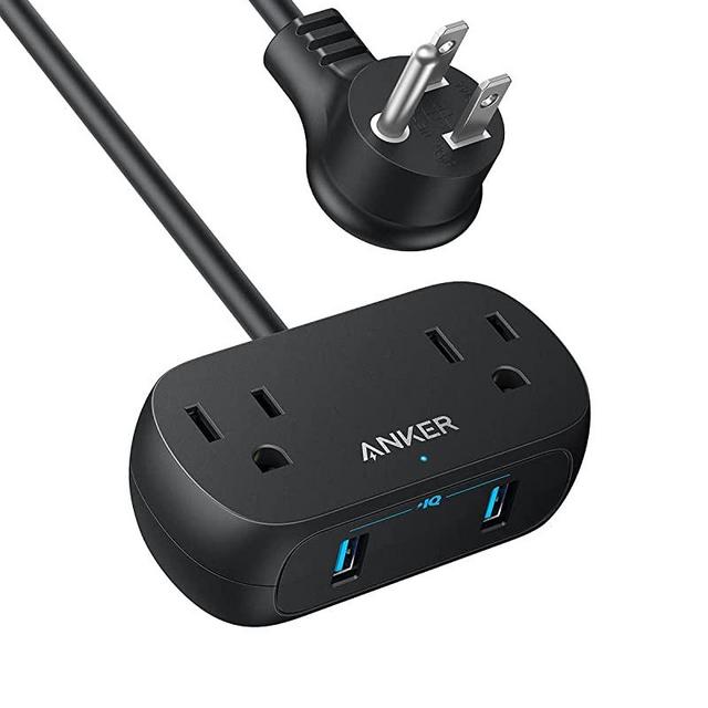 Anker Power Strip with USB PowerExtend USB 2 Mini, 2 Outlets, and 2 USB Ports, Flat Plug, 10 ft Extension Cord, Safety System for Travel, Desk, and Home Office (Black)