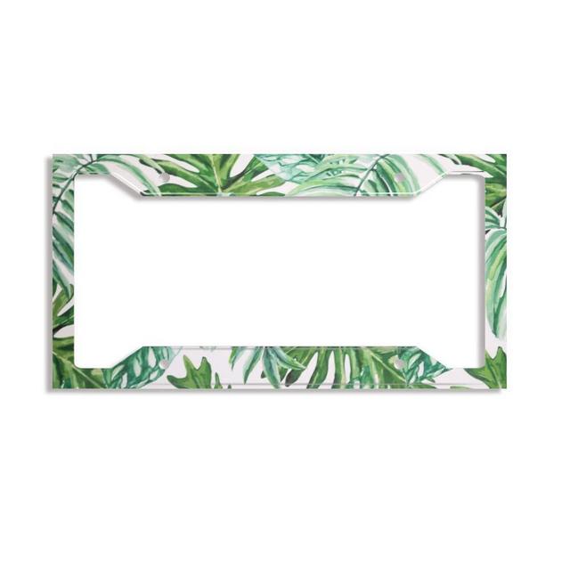 Metal License Plate Frame Tropical Plants with Large Leaves Car Crafted from Durable Long Lasting Chrome Metal to Resist The Elements