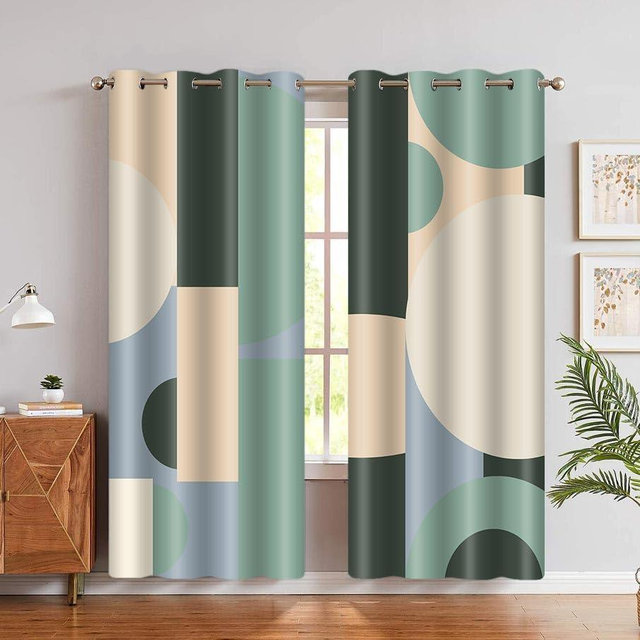 Abstract Blackout Curtains Sage Green Beige Modern Geometric Circles Curtain Mid Century Green Blue Minimalist Aesthetic Vintage Grommets Window Drapes for Bedroom Kitchen Living Room 42x84in
