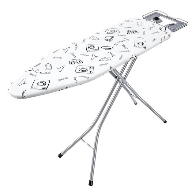BKTD Adjustable Ironing Board with Iron Rest, Foldable Metal Sturdy Lightweight Iron Board with Multiple Layered Heat Resistant Cover, Easy to Use and Store, Stylish Black and White Cartoon Pattern.