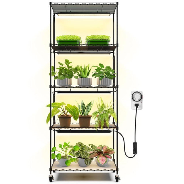 Barrina CX91 5-Tier Plant Stand with Grow Lights for Indoor Plants, Metal Plant Shelf Display Rack with 1.6FT 25W(Per Light) Full Spectrum Plant Lights for Indoor, Balcony, Living Room, 23.6x13.8x59IN
