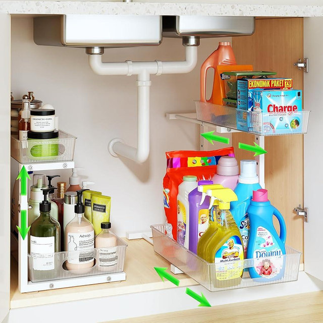 REALINN Under Sink Organizer, Height Adjustable Under Sink Organizers and Storage, 2 Tier Pull Out Drawer Cabinet Storage for Kitchen Bathroom, 2 Pack, Clear