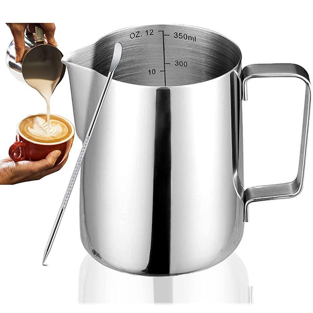 Milk Frothing Pitcher Jug Coffee Spoons Frother Steamer Cup Foam Making - Suitable for Espresso - Latte Art Chai Cappuccino Hot Chocolate - Stainless Steel - Easy to Read Creamer Measurements Inside