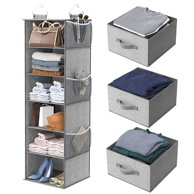 MONINXS 6-Shelf Hanging Closet Organizer, Hanging Shelves for Closet with 3 Divisible Drawers & Side Pocket, Linen, 12''W x 12''D x 43.3''H, Grey