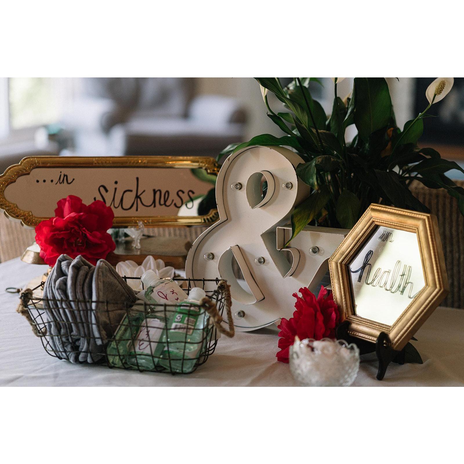 Masks and custom hand sanitizer for the couple's covid-friendly patio ceremony.  In sickness and in health never rang so true.
