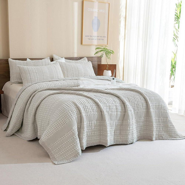 Sanracie 100% Cotton Quilt Set King Size(110"x98"), Khaki Waffle Quilted Bedspread Sets,3Pcs Soft Lightweight King Quilt Bedding Set,Farmhouse Coverlet Quilt Set Shabby Vintage Chic Bedding Set