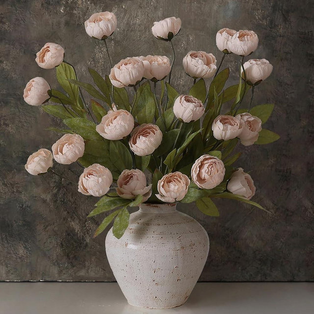 VIERENA 12 Pcs Faux Silk Peony Artificial Flowers for Vase -27", Bulk Fake Peonies Branches with Stems for DIY Bouquet Centerpieces Wedding Fillers Arrangements Shower Decorations (Beige)
