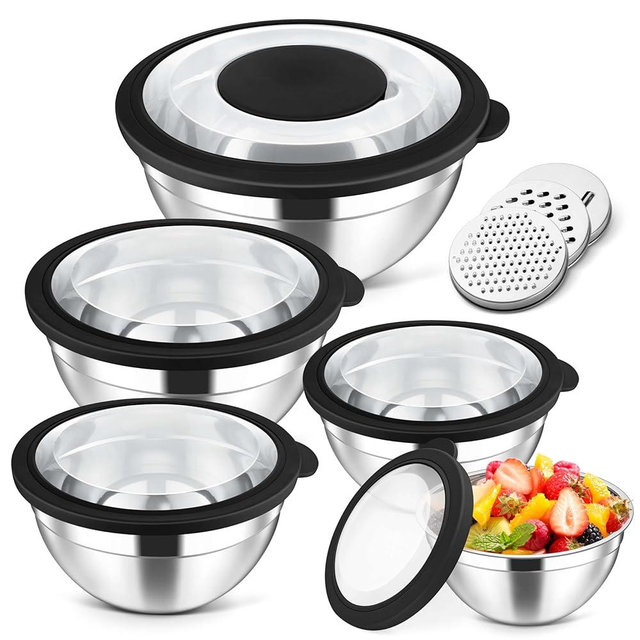 Herogo 5-Piece Mixing Bowls with Visible Lids, 3 Grater Attachments, Stainless Steel Salad Serving Bowls for Kitchen, 4.6/3.5/2.5/2/1.5 QT Ideal for Prepping & Cooking, Black