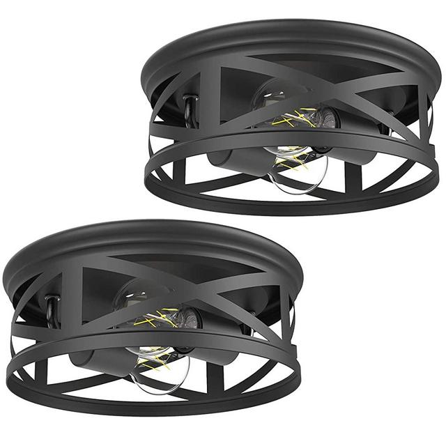 Sunco Lighting Flush Mount Ceiling Light Fixture, Hallway Matte Black Outdoor Industrial Lights, Anti-Corrosive, E26 Base, Dimmable A19 Edison LED Bulbs Included, for Hallway Kitchen Bathroom 2 Pack