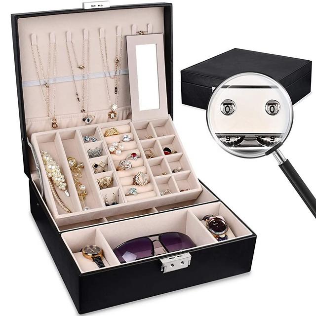 Womens Jewelry Boxes Jewelry Organizer Box with Coded Lock, Black Large Jewelry Storage Box for Women Girls Two Layers 36 Compartments, Jewelry Holder Bracelets Necklaces Earrings Organizer