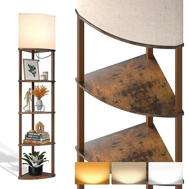 addlon 5-Tier Sector Corner Shelf Floor Lamp with 3 Color Temperatures LED Bulb and White Lamp Shade - Display Floor Lamps with Shelves for Living Room, Bedroom and Office - Vintage