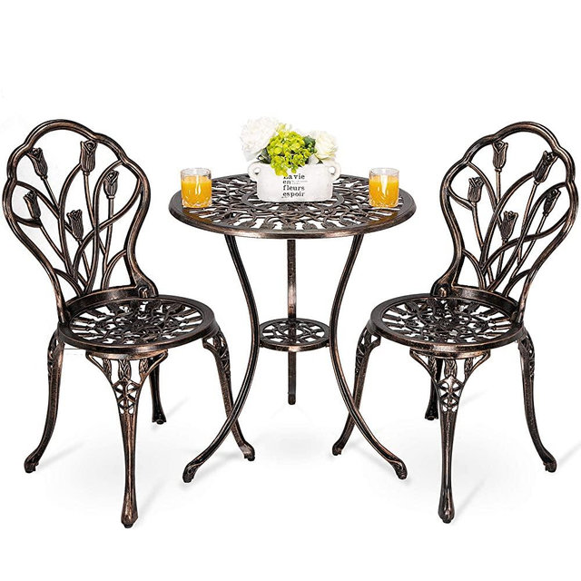 HOMEFUN Bistro Table Set, Outdoor Patio Set 3 Piece Table and Chairs, Tulip Carving and Weather Resistant-Antique Bronze