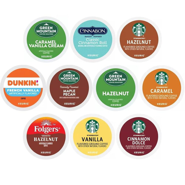 30 Count - Flavored K-cups Coffee Pods Variety Sampler Includes Starbucks Hazelnut, Caramel, Cinnamon Dolce & Vanilla - Green Mountain Caramel Vanilla Cream, Maple Pecan & Hazelnut – Folgers Hazelnut – Dunkin French Vanilla -Cinnabon Cinnamon Roll for Keurig Brewers.