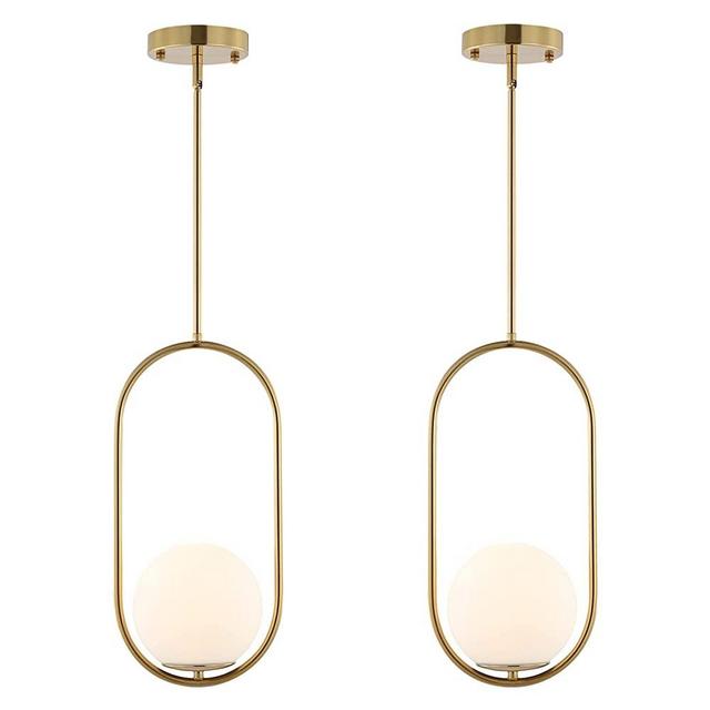 BYOLIIMA Modern Gold Globe Pendant Light Mid Century Chandelier 1-Light Brushed Brass Ceiling Hanging Lighting Fixture with White Globe Glass Lampshade for Kitchen Island Dining Room Bedroom (2 Pack)