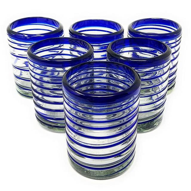 Hand Blown Mexican Drinking Glasses – Set of 6 Tumbler Glasses with Blue Spiral Design (10 oz each) …