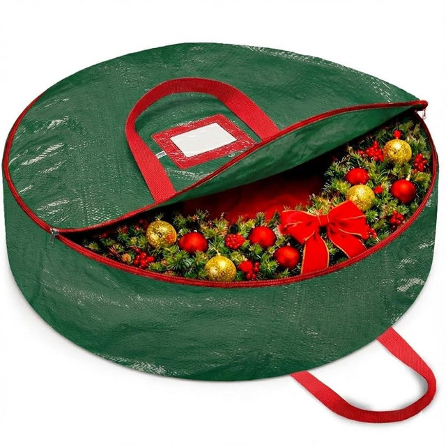 ZOBER Christmas Wreath Storage Container 36 Inch - Wreath Bag for Artificial Wreaths Box - Dual Zippered Wreaths Storage Bag with Strong Durable Handles - Green