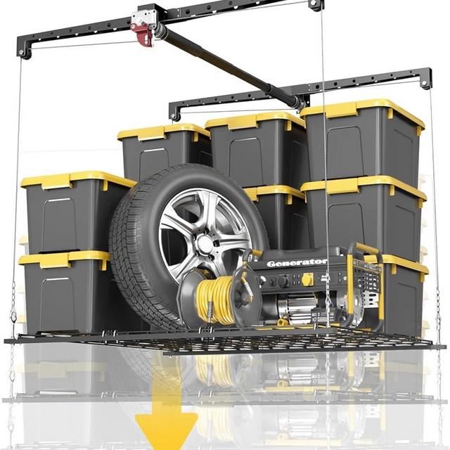 Overhead Garage Storage Rack for 8-10ft Ceiling, Heavy-duty 4x4 FT Garage Ceiling Storage Racks with Safety Lock, Ideal for Storage Mounted Lift System and Storage Organizer, 250lbs Capacity