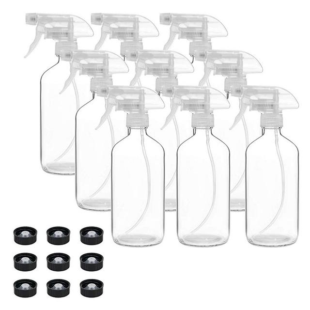 Suwimut 9 Pack Glass Spray Bottles, 16 oz Empty Clear Refillable Container for Essential Oils, Cleaning Products, Aromatherapy, Misting Plants, Clear Trigger Sprayer with Mist and Stream Settings