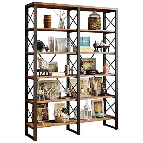 IRONCK Bookshelf Double Wide 6-Tier 76" H, Open Large Bookcase, Industrial Style Shelves, Wood and Metal Bookshelves for Home Office, Easy Assembly
