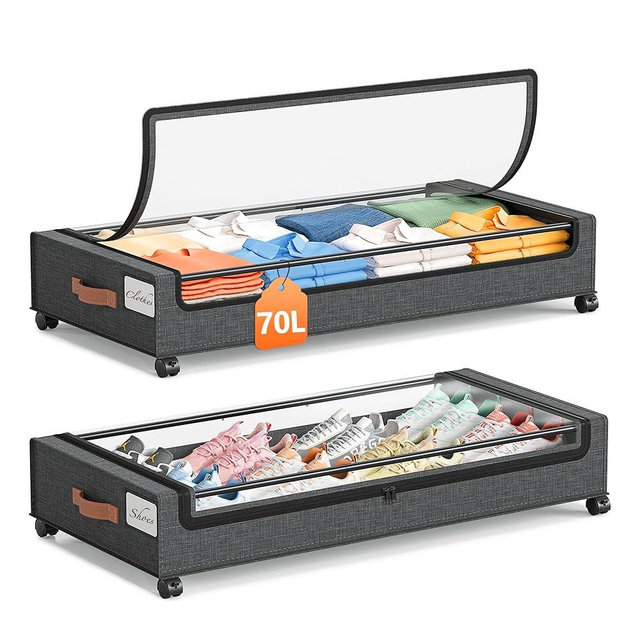 Yecaye Under Bed Storage with Wheels 2Pack, 70L Larger Capacity Under Bed Storage Containers, Underbed Shoe Storage Organizer, Rolling Under Bed Metal Drawers for Clothes, Blankets(35.5 x 17 x 6.7in)