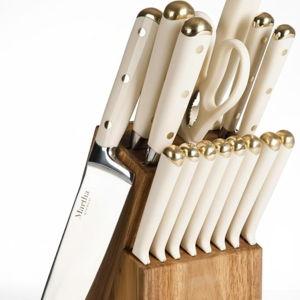 Martha Stewart Knife Block Set 16-Piece - Lockton High Carbon Stainless Steel Forged Full Tang Chef Knives, Acacia Wood Block, Triple Riveted Handles, Linen White & Gold