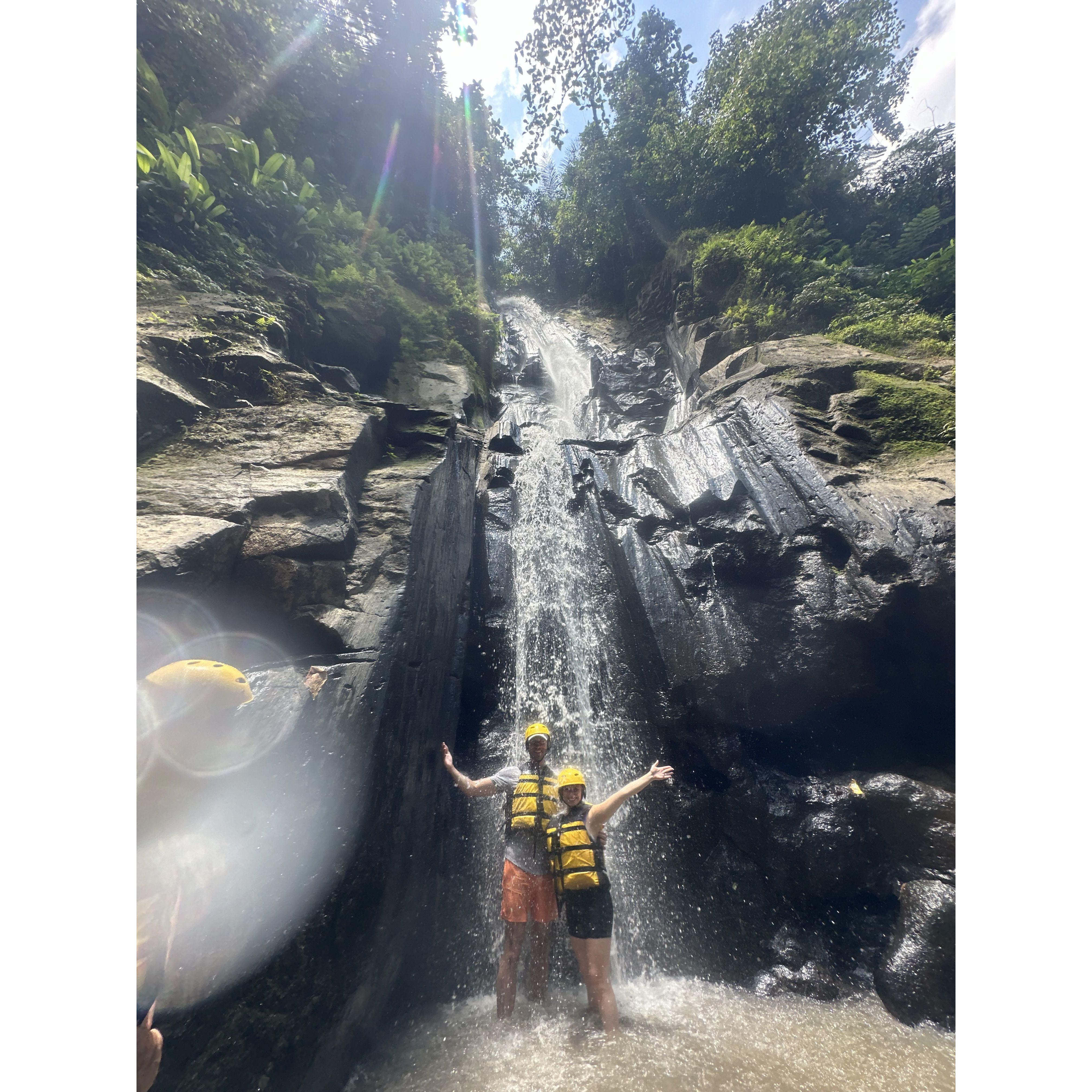 Whitewater rafting under waterfalls in Bali
