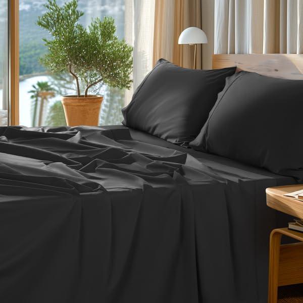 SONORO KATE 100% Egyptian Cotton Sheets Set - 1000 High Thread Count, Luxury 5-Star Hotel Sateen Bed Sheets, Soft, Breathable Long Staple Sheets, Fit up to 16" - 4 PC (Black,King)