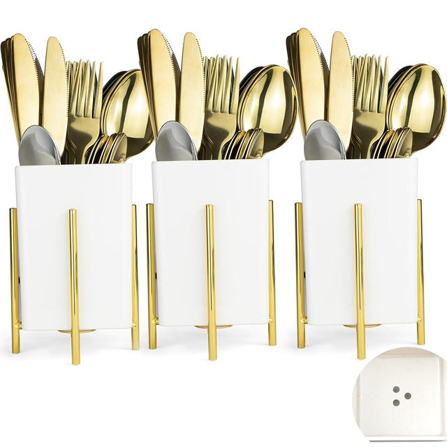 ECOIOU Silverware Caddy with Drain Holes, Cutlery Holder for Party Countertop, Kitchen Counter, Melamine Bins Set Utensil Organizer for Spoons, Forks and Knives, White, Pack of 3