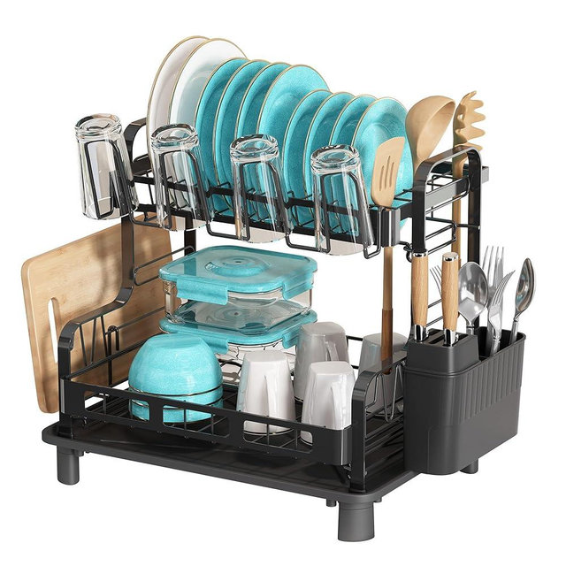Boosiny Dish Drying Rack, 2 Tier Large Stainless Steel Sink Dish Rack for Kitchen Counter, Drying Rack with Cups Holder, Utensil Holder and Drainboard Set, Dish Strainer Shelf for Kitchen, Black