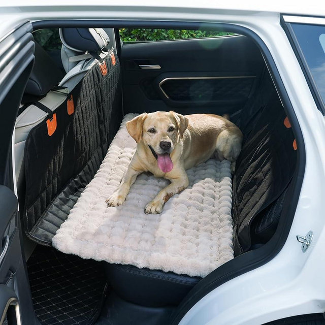AEEISHOMEREFORM Dog Car Seat Cover for Back Seat, Plush Dog Bed Mat for Car, Fit for Backseat Extenders, Travel Pet Mat, Nonslip Soft Pet Pad for Cars Trucks and SUVs (Khaki, 24.8x54 inch)