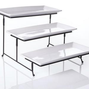 3 Tier Collapsible Thicker Sturdier Plate Rack Stand With Plates - Three Tiered Cake Serving Tray - Dessert Fruit Presentation - Party Food Server Display Set - 3 White 12' x 6" Porcelain Plates Incl.