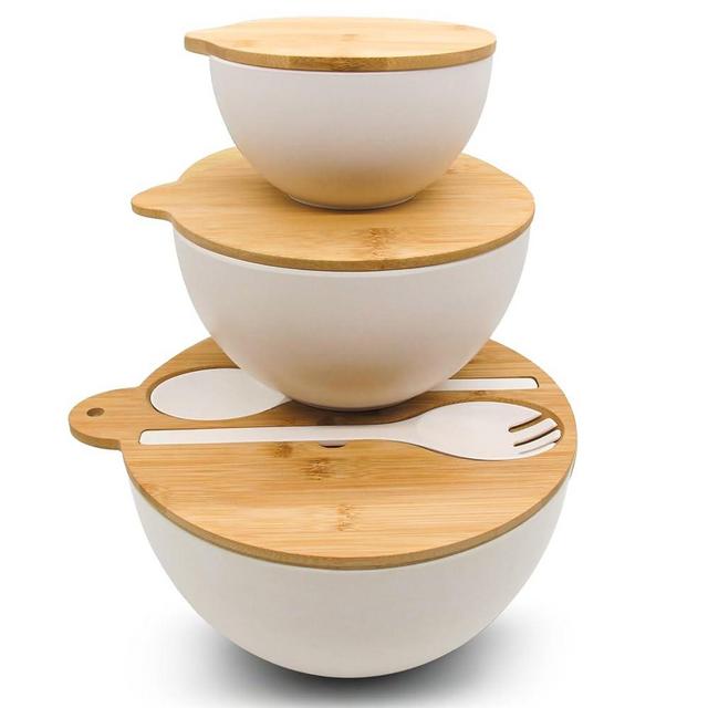 ECOWAY Salad Bowls Set of 4 with Seal Lid & Serving Utensils, Bamboo Fiber Mixing Bowls Set Large Serving Bowls & Storage Set with Bamboo Lid for Salad, Kitchen Eating, Pasta, Popcorn, Fruit, White