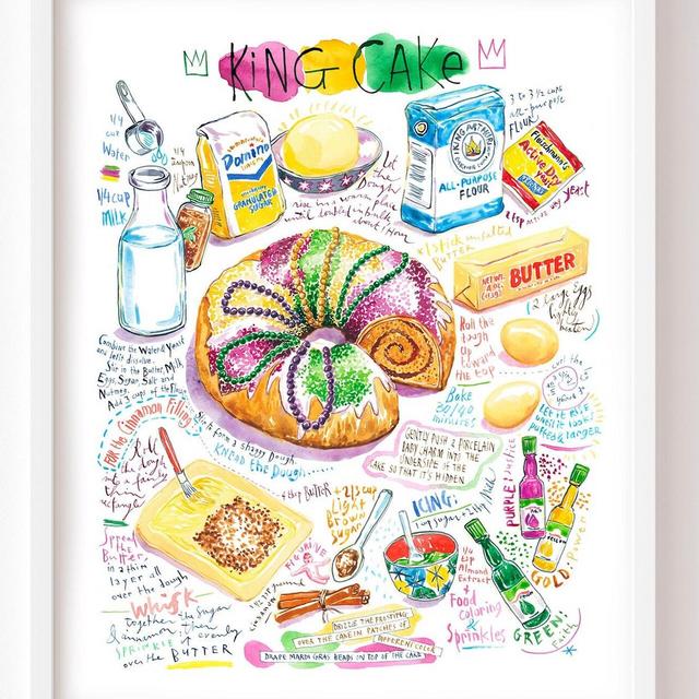 Louisiana King Cake recipe print, Watercolor New Orleans Mardi Gras bakery poster, Southern cuisine, Cajun food artwork, Kitchen wall art