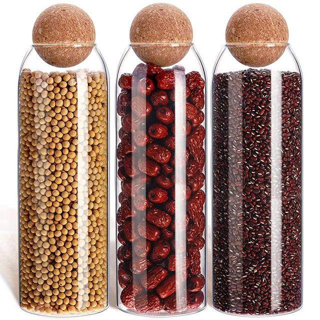 3 Pcs Cork Glass Jar Glass Bottle Sealed Jar Nut Storage Jar Coffee Bean Jar Glass Container with Ball Cork Round Glass Bottles with Cork Glass Canisters with Airtight Seal Wooden Lid (1300 ML/ 44 Oz)