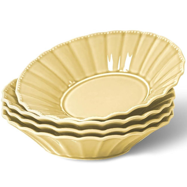 HOMBENE 25oz Bowl Set for 4, Salad Serving Bowls, Wavy Style, Soup, Pasta, Noodle, Dinner, Microwave & Dishwasher Safe （Lemon Yellow）