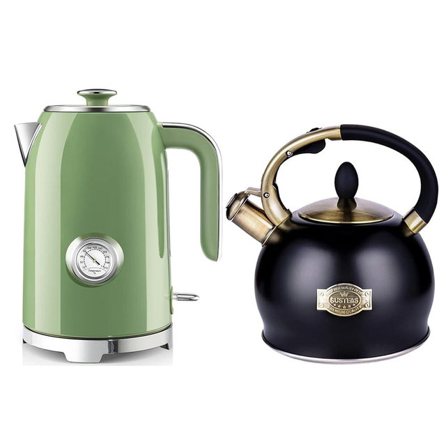 SUSTEAS 2.64 Quart Stove Top Whistling Tea Kettle and 57oz Electric Kettle with Thermometer and SUSTEAS 57oz Electric Kettle with Thermometer