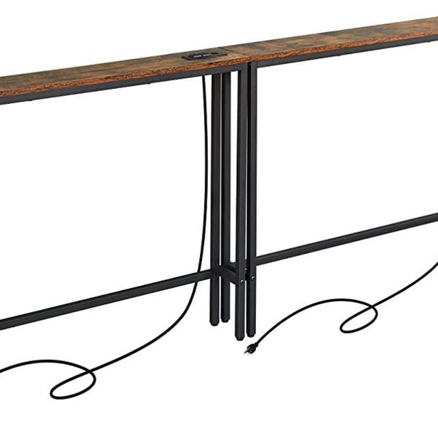 ELYKEN 2 Pack 5.9" Narrow Console Sofa Table with Power Outlets, 39.4” L x 5.9" W x 31.1" H Long Black Couch Table with Metal Frame and Charge Station with 6.5’ Extension Cord, Rustic Brown