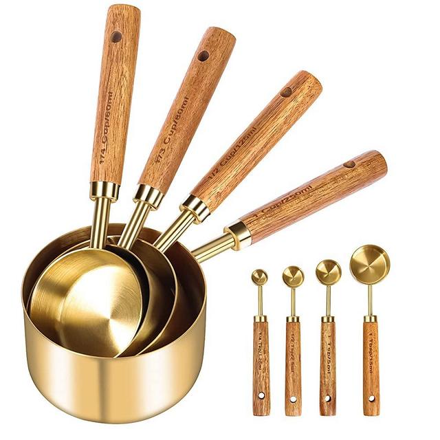GuDoQi Measuring Cups and Spoons Set of 8, Wood Handle with Metric and US Measurements, Premium Stainless Steel, Golden Polished Finish, Dry & Liquid Measuring Cup, for Cooking and Baking