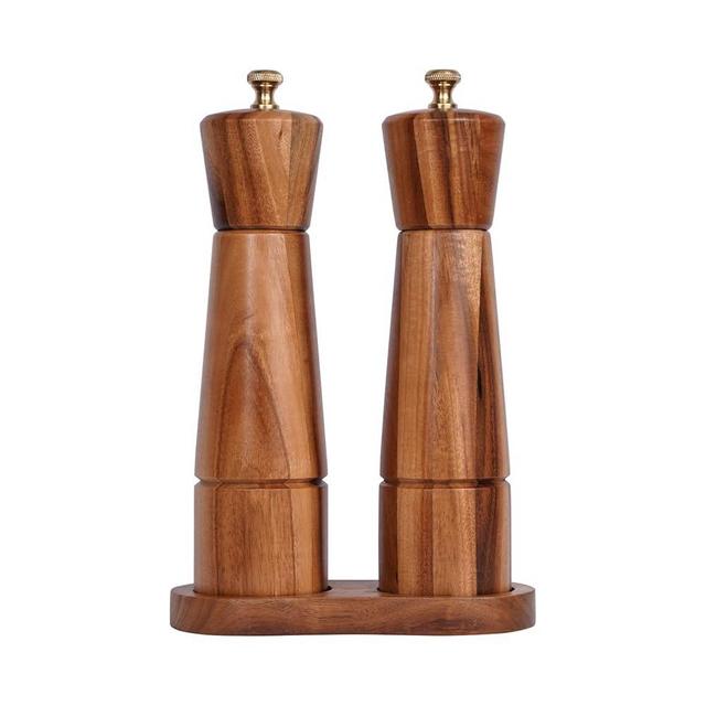 DeroTeno Salt and Pepper Mill Set with Tray, Adjustable Ceramic Grinder Salt Mill, Stainless Steel Grinder Pepper Mill, Acacia Wood, 22 cm/ 8 Inch Height, Bottom Dia 5.5 cm (Tray is Included)