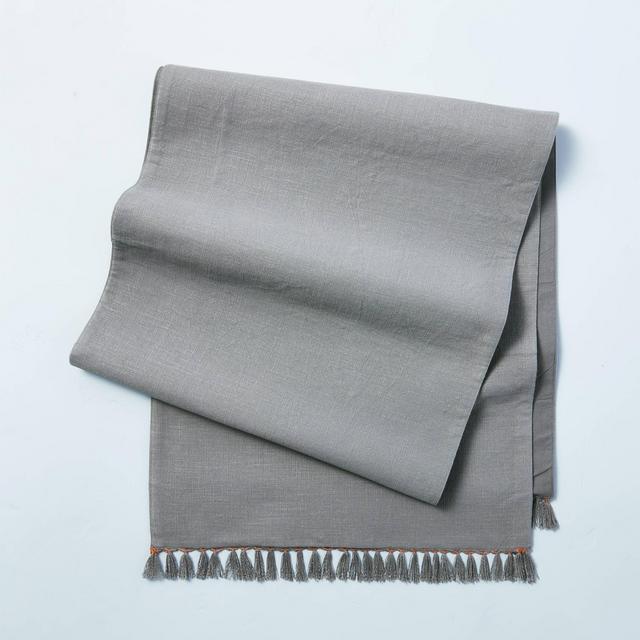 Contrast Edge Stitch Oversized Table Runner with Fringe Gray - Hearth & Hand™ with Magnolia
